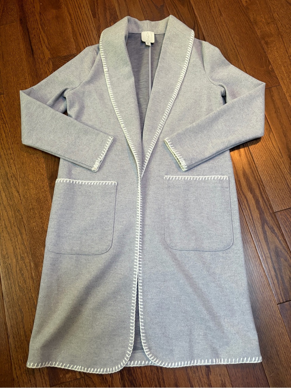 Joie Light Gray Open-Front Long Cardigan Coatigan Blanket-stitch Trim Size S